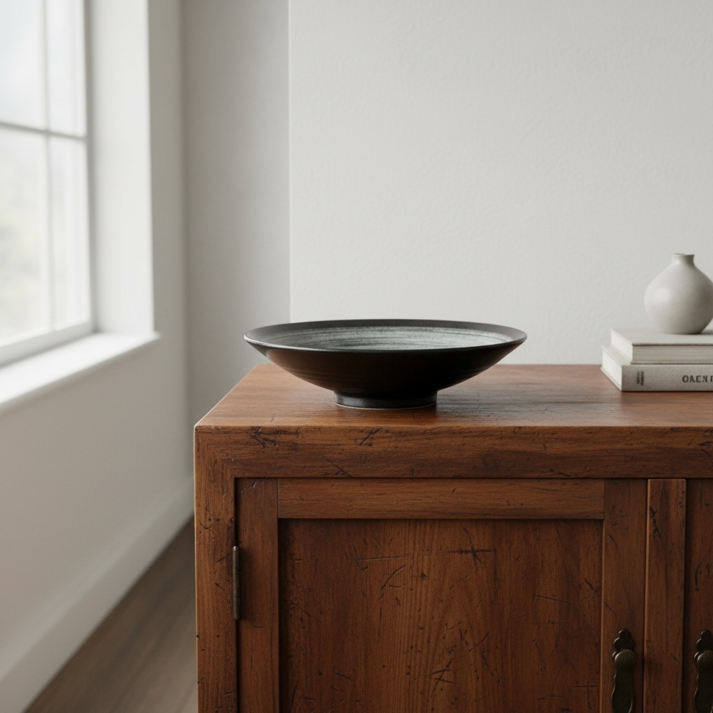 Saladier en céramique japonaise noire présenté sur une élégante commode en bois naturel
