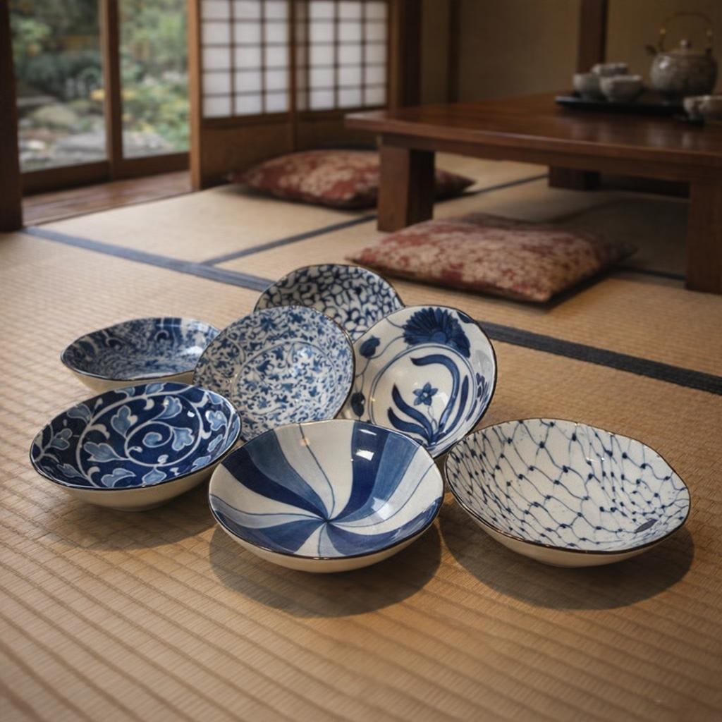 Set de sept coupelles japonaises bleues en céramique, présentées sur des tatamis