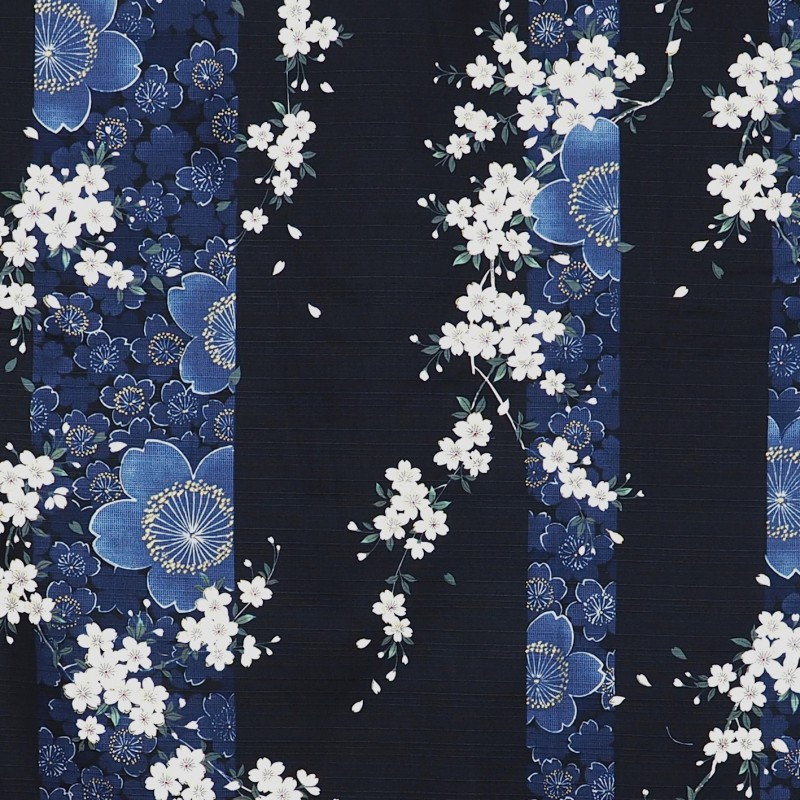 Kimono japonais en coton fleurs de cerisier bleu détail des motifs