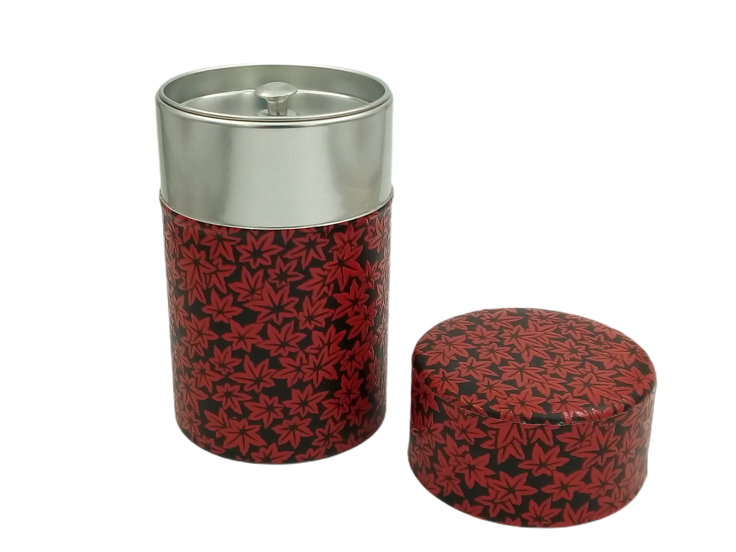 Boîte à thé japonaise en métal recouvert de papier washi rouge décoré de motifs momiji