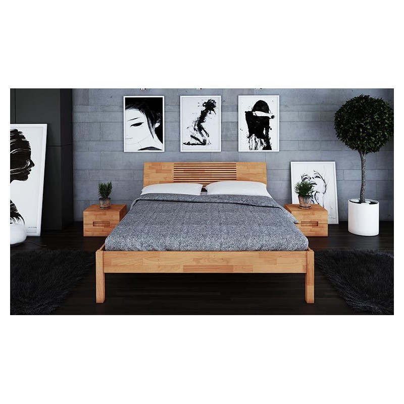 Lit japonais Shizen haut en bois de hêtre massif naturel, design épuré et zen