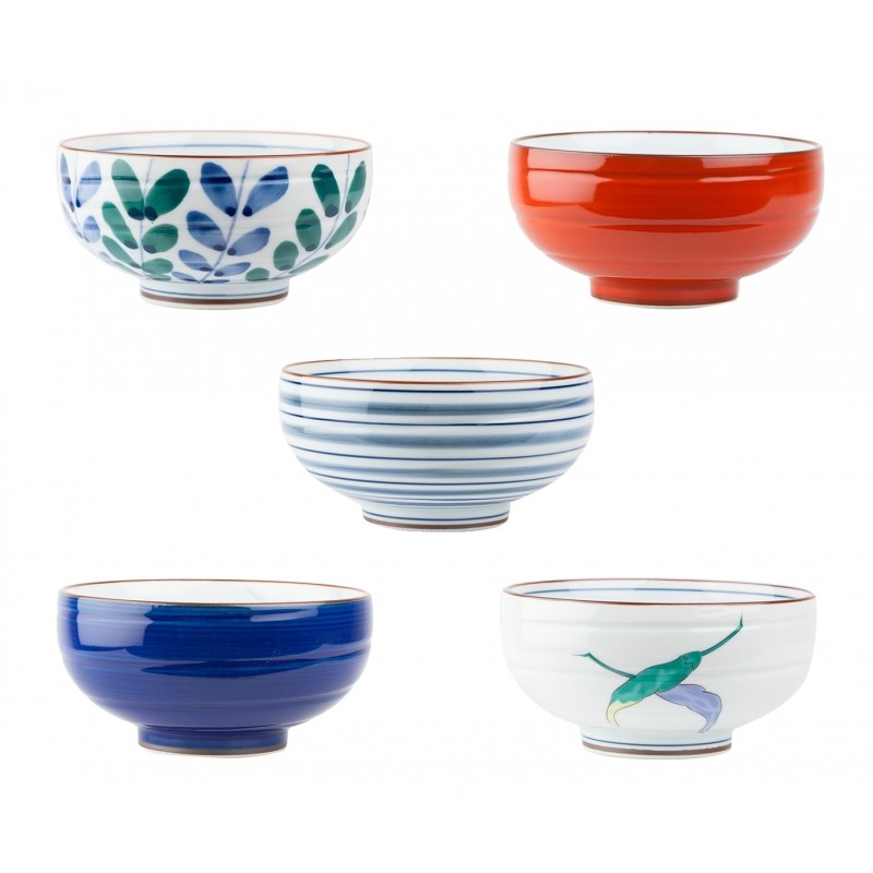 Set de 5 bols à riz japonais en céramique décorés de motifs traditionnels