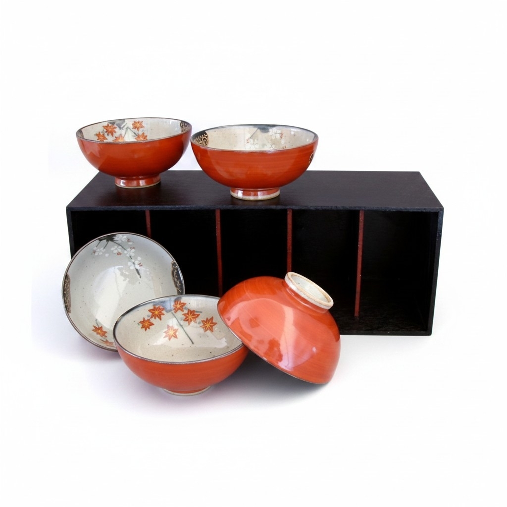 Set de cinq bols Momiji rouges en céramique japonaise