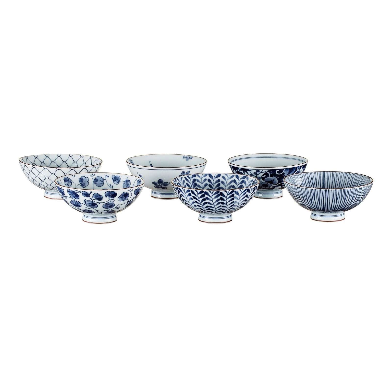 Set de 5 bols à riz japonais en céramique bleue alignés mettant en valeur leurs motifs traditionnels