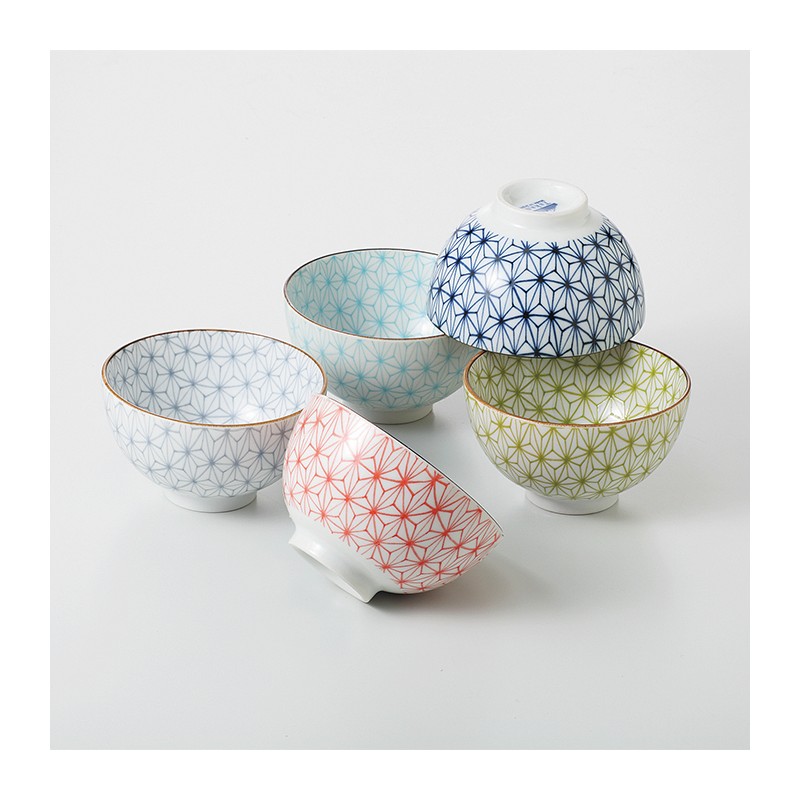 Set de cinq bols à riz japonais en céramique décorés de motifs Sachiko traditionnels