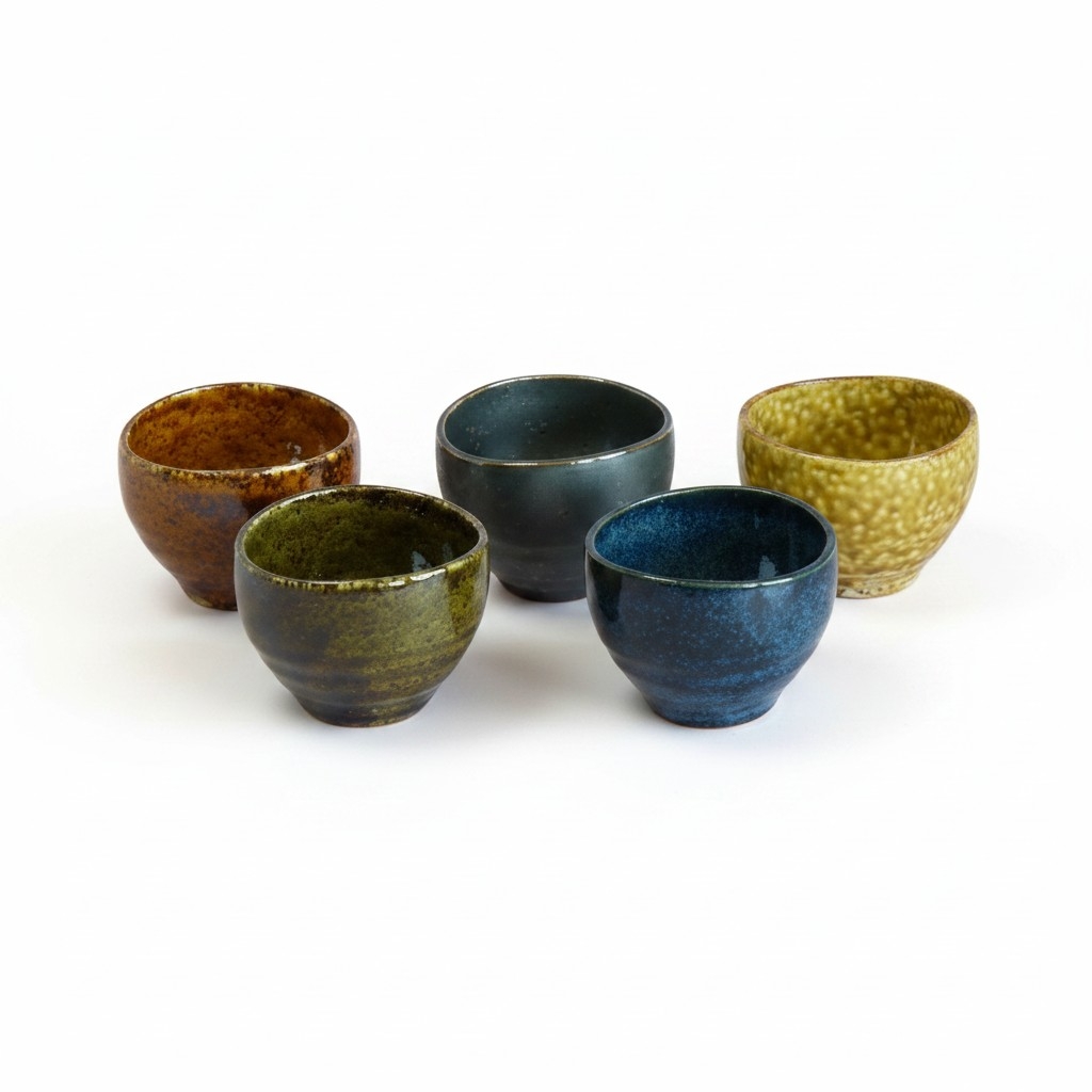 Set de cinq tasses à thé japonaises en céramique, chacune décorée d’un motif coloré différent