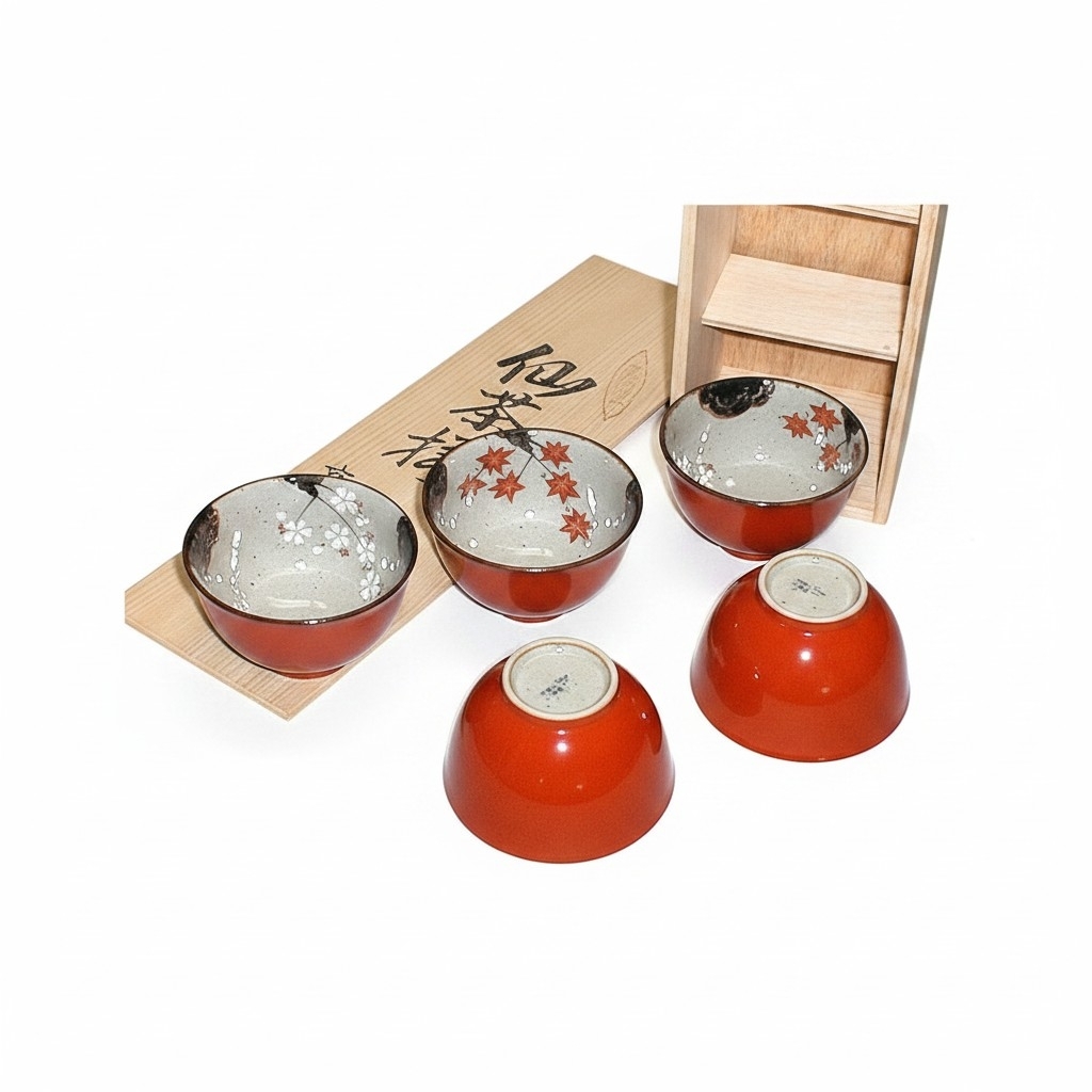 Set de cinq tasses à thé japonaises en céramique décorées de motifs Momiji, feuilles d’érable