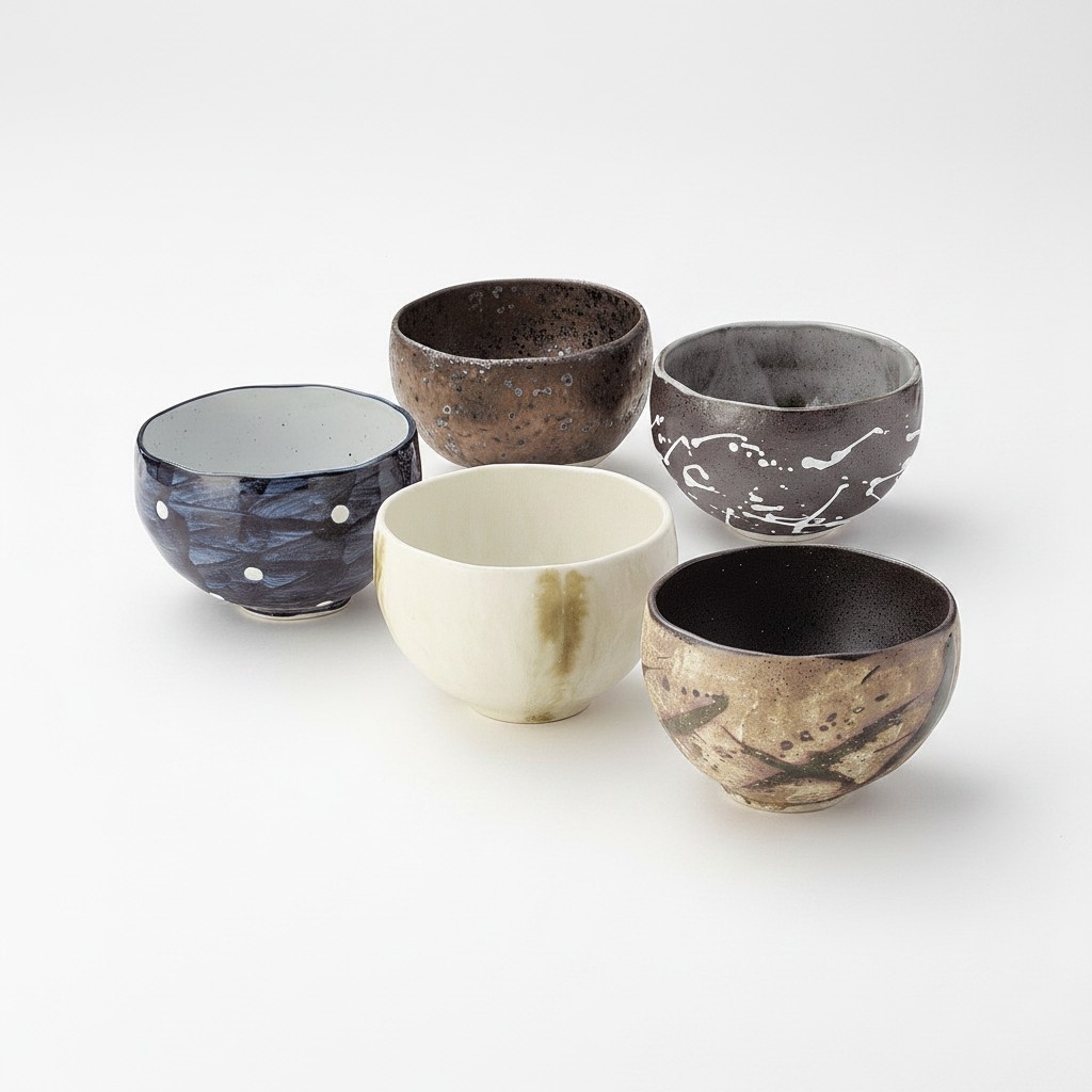 Set de 5 tasses à thé japonaises style wabi‑sabi en céramique, motifs et textures artisanales