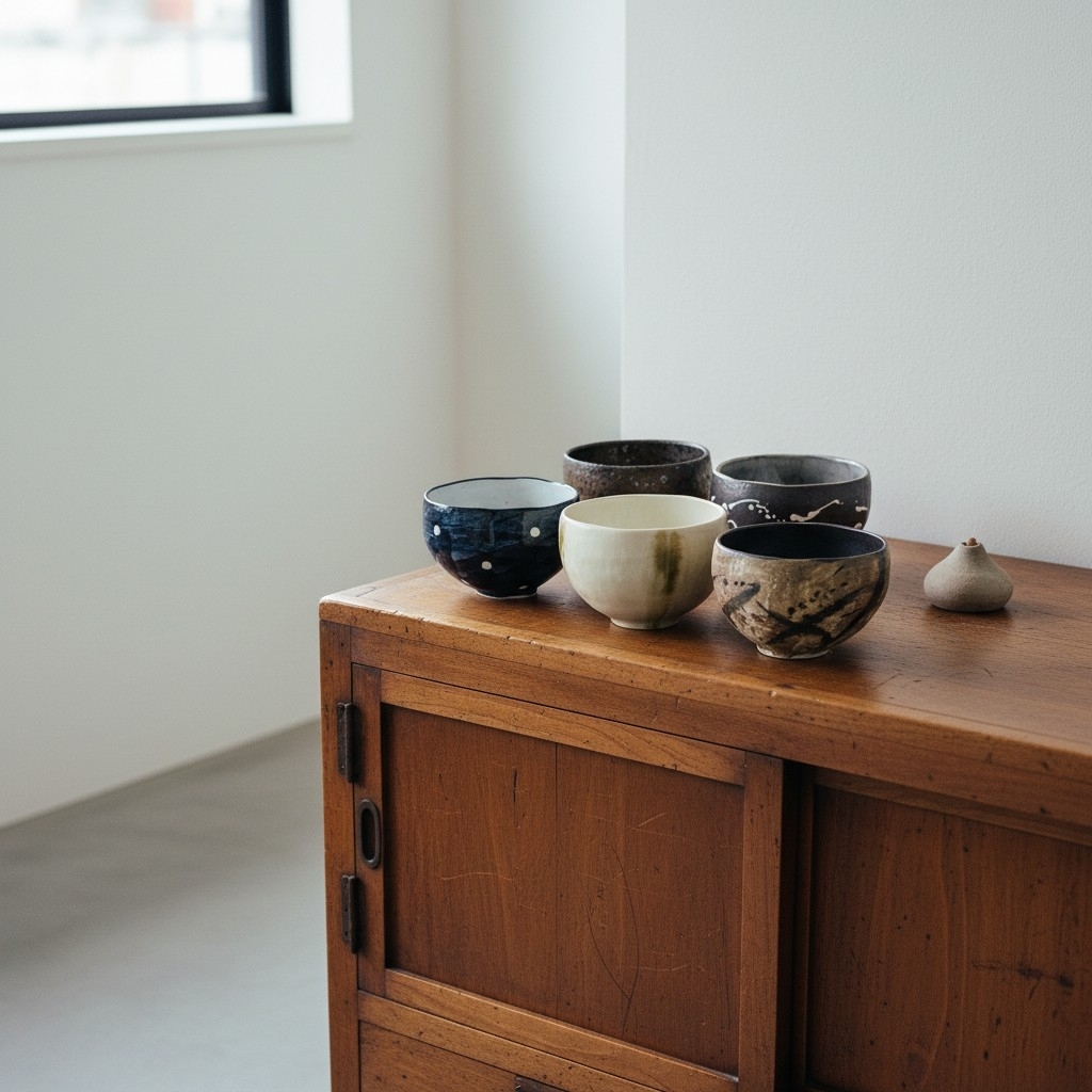 Set de 5 tasses à thé japonaises style wabi‑sabi en céramique, présentées sur une table en bois