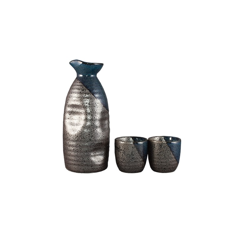 Service à saké japonais en céramique bleu et gris