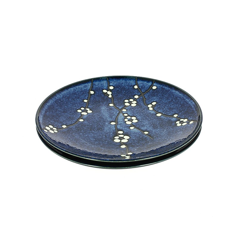 Set de deux assiettes japonaises en céramique bleue décorées de fleurs de cerisier
