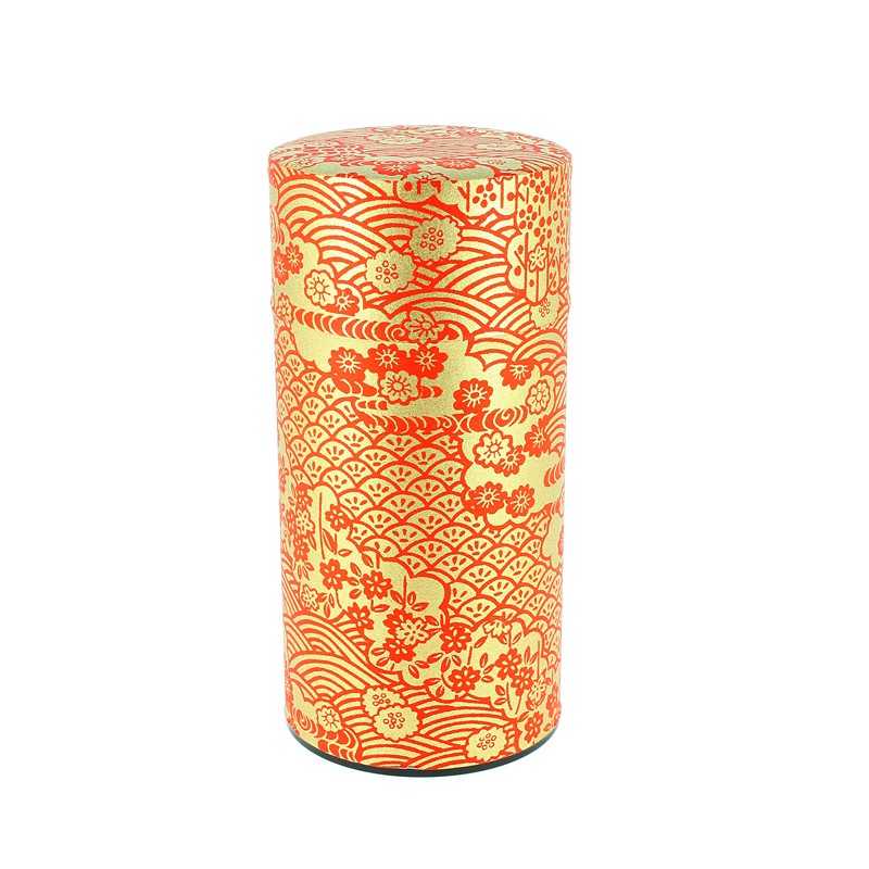 Boîte à thé japonaise en métal recouvert de papier washi rouge décoré de motifs de vagues nami.