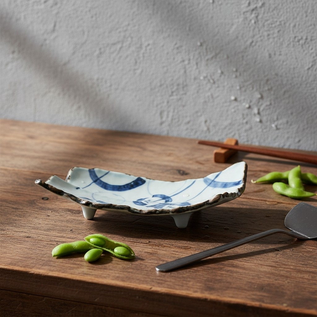 Plat à sushi japonais à motifs ronds en céramique présenté sur une table en bois avec baguettes japonaises et edamame