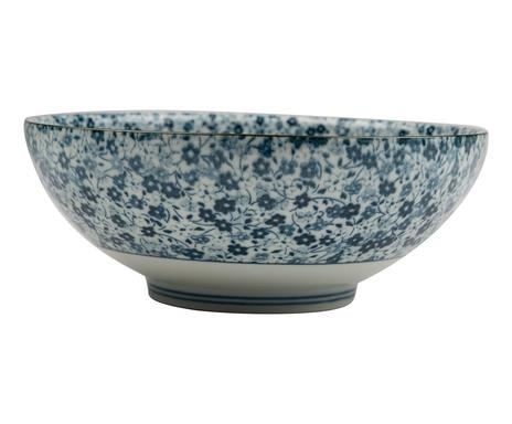 Grand bol japonais en céramique blanc et bleu décoré de motifs de fleurs, idéal pour ramen
