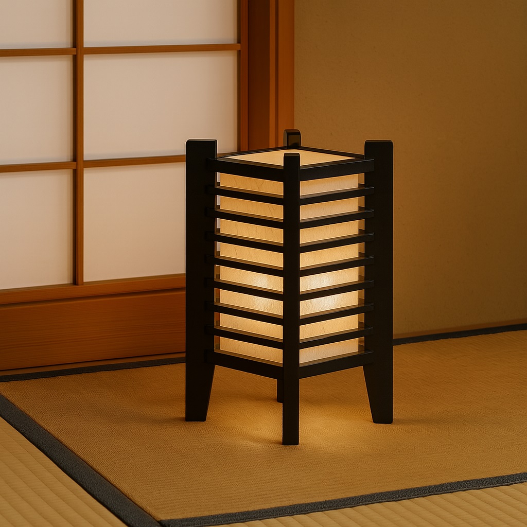 Lampe japonaise sur pieds posée sur des tatamis dans un décor japonais traditionnel