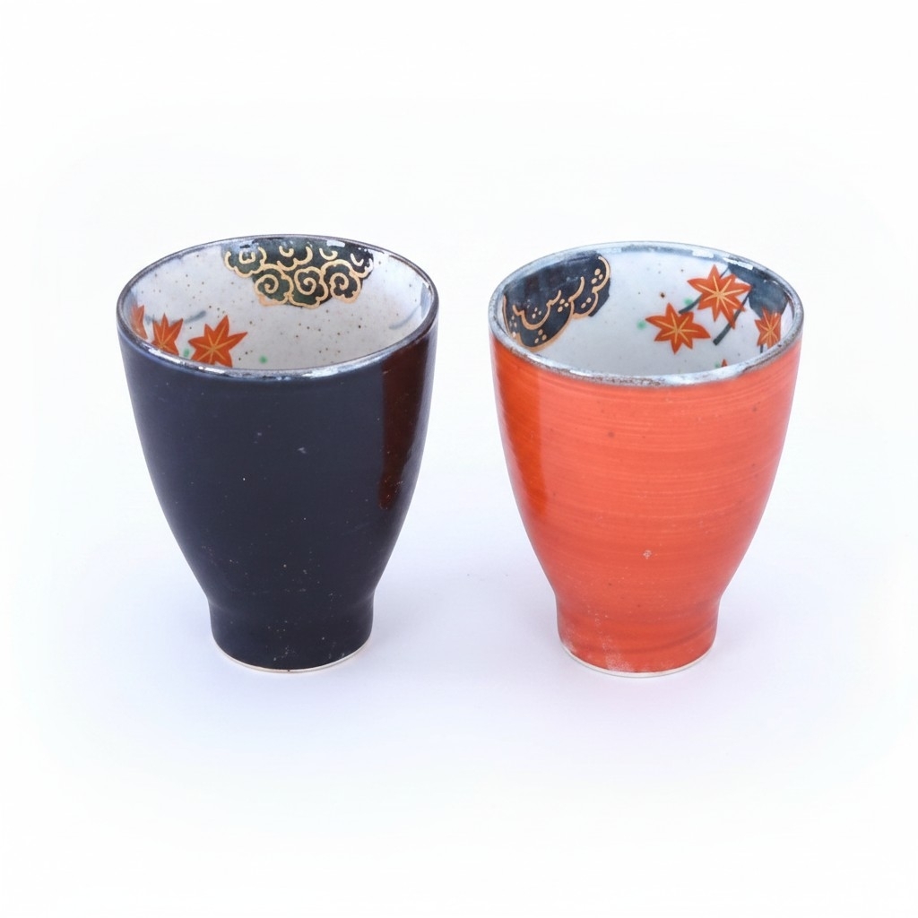Duo de tasses japonaises en céramique décorées de motifs Momiji, feuilles d’érable japonaises