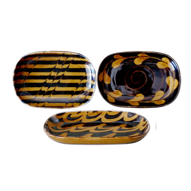 Set de trois plats japonais en céramique émaillée brune