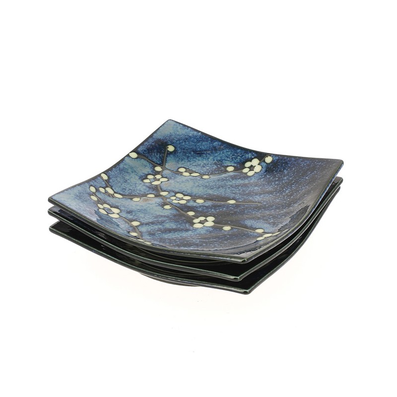 Set de trois plats à sushi japonais en céramique émaillée bleue