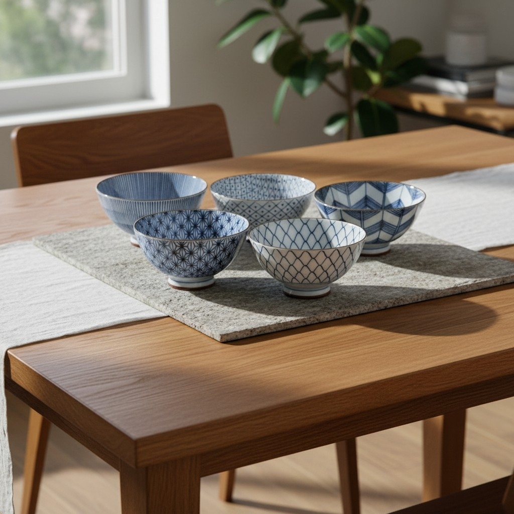 Set de 5 bols japonais bleu et blanc Saikaitoki en céramique présenté sur une élégante table en bois naturel