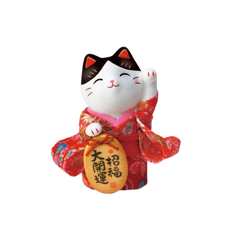 Maneki‑neko en kimono, figurine japonaise porte‑bonheur en céramique avec patte levée