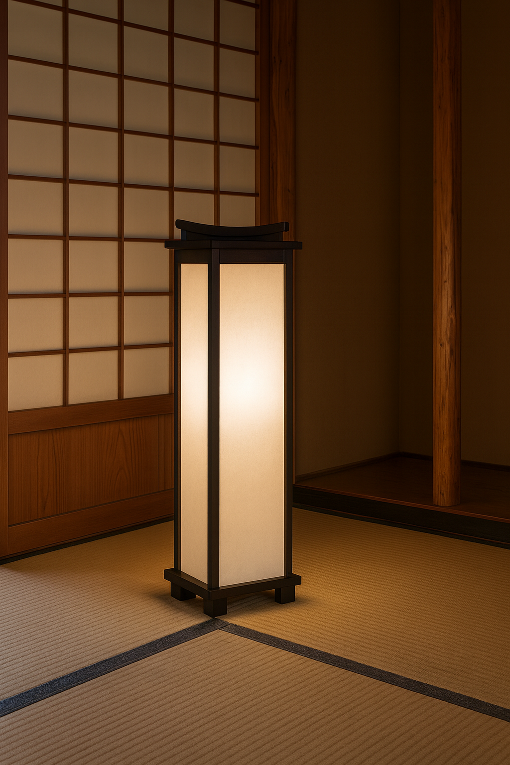 Grande lampe japonaise en bois et papier washi en forme de torii, inspirée des luminaires traditionnels.