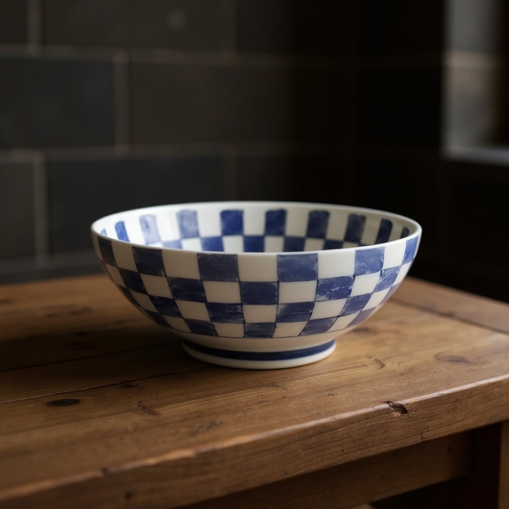 Grand bol japonais à damier en céramique présenté sur une élégante commode en bois naturel