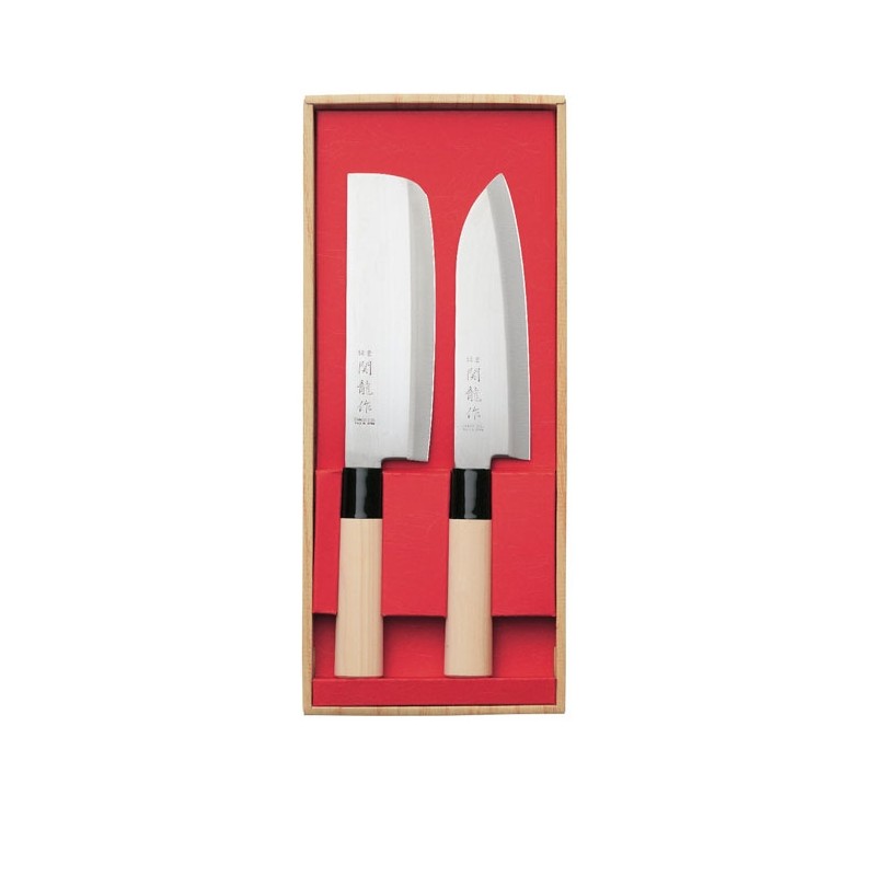 Set de deux couteaux japonais Santoku et Nakiri en acier inoxydable