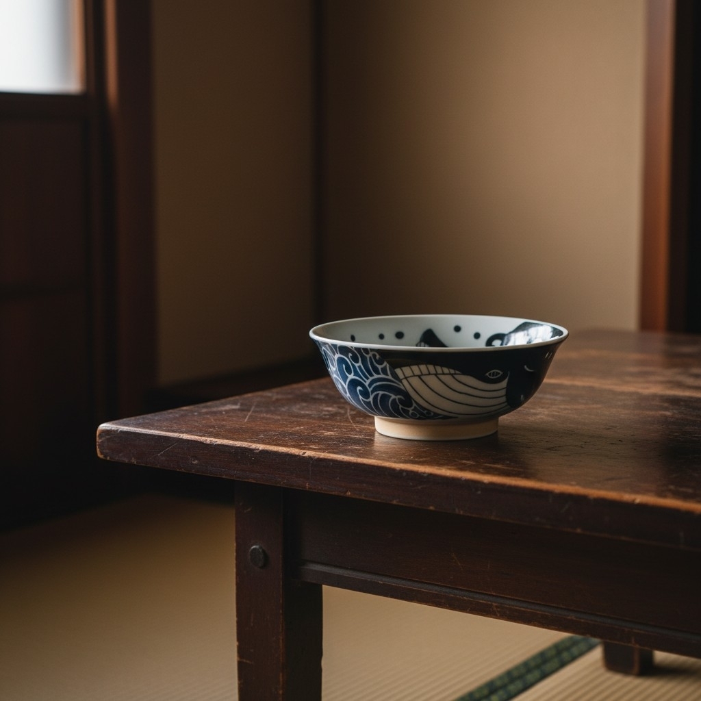 Grand bol japonais en porcelaine décoré de vagues Nami et d’une baleine, présenté sur une table en bois