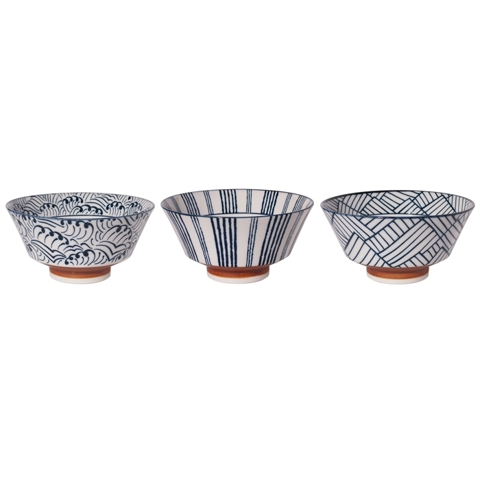 Set de trois bols à ramen japonais en céramique décorés de motifs de lignes et de vagues