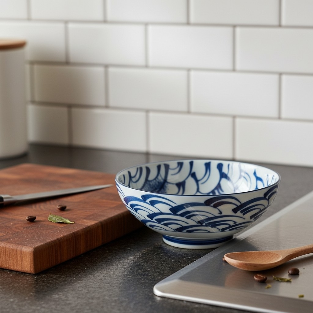 Grand bol ramen japonais à motif vagues en porcelaine présenté dans une cuisine design contemporaine