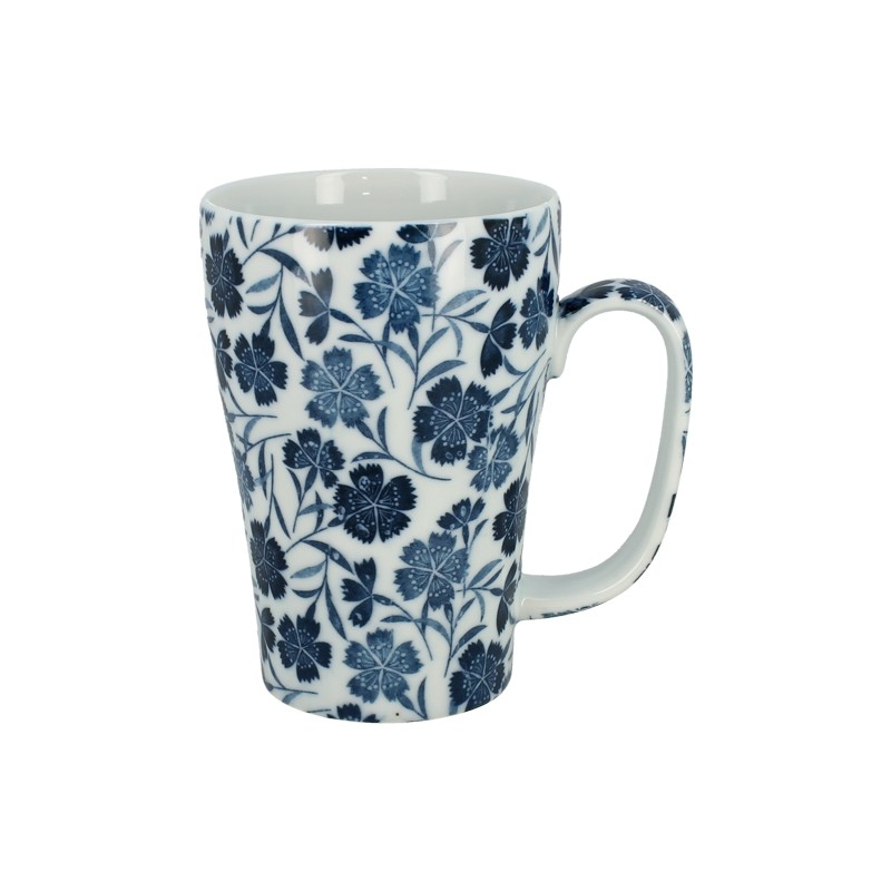 Grand mug japonais en céramique de couleur bleue, décoré de motifs fleurs