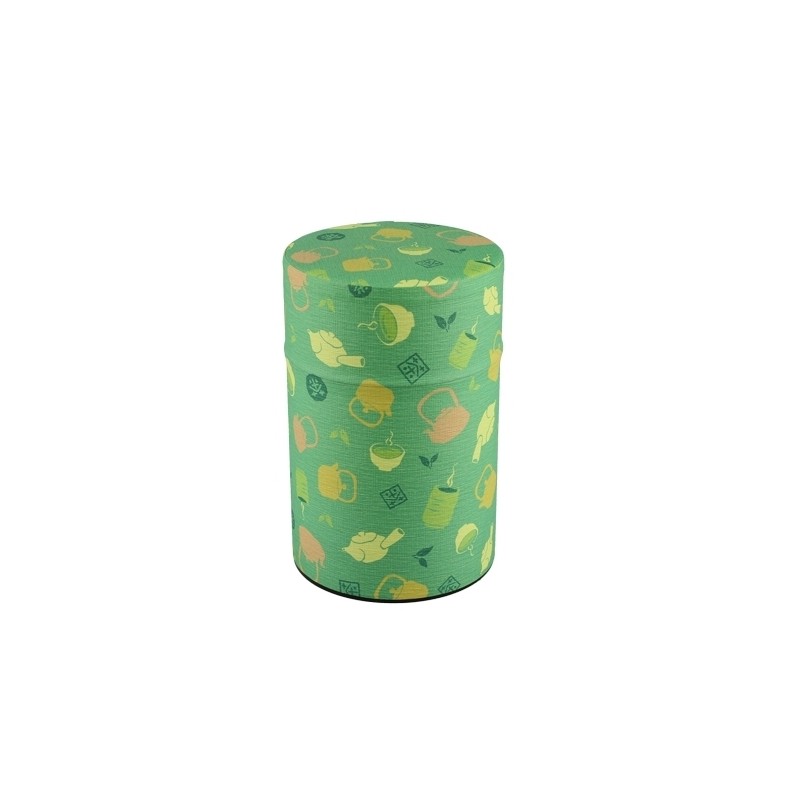 Boîte à thé japonaise en métal recouvert de papier washi vert décoré de motifs Tokoname