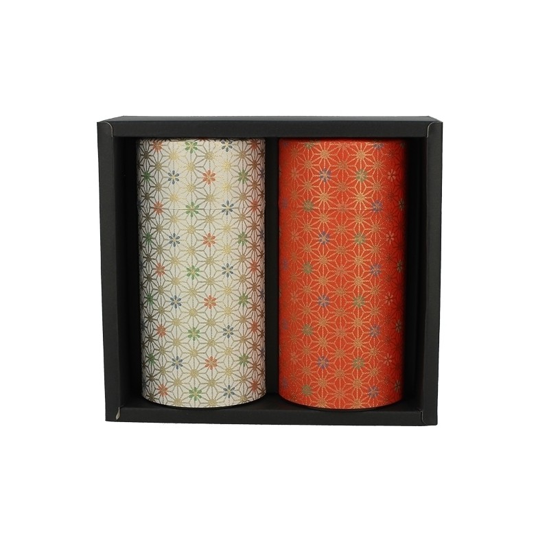 Coffret de deux boîtes à thé japonaises décorées du motif Asanoha en papier washi, avec couvercle hermétique