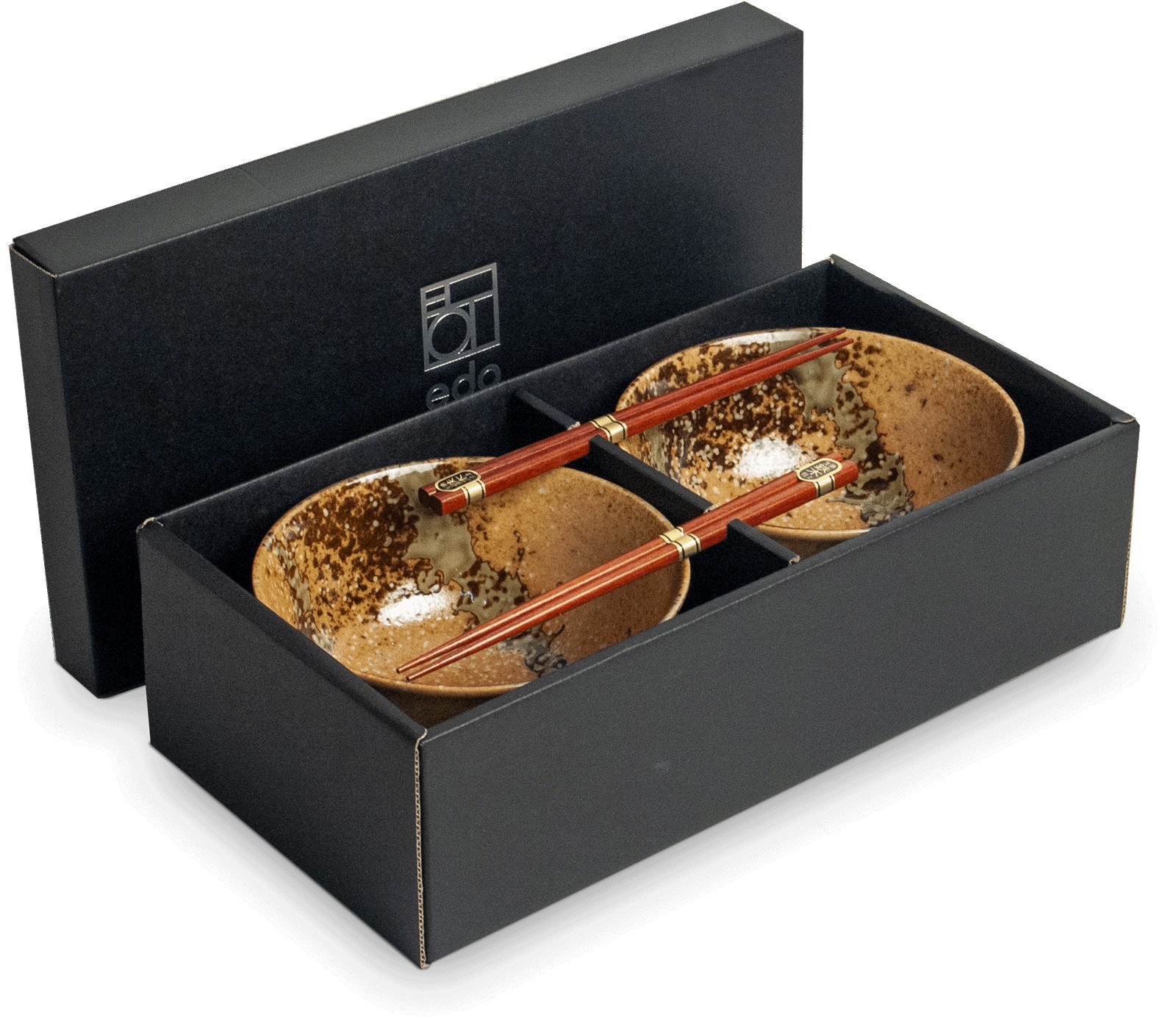 Set de 2 bols japonais bruns en céramique avec deux paires de baguettes en bois