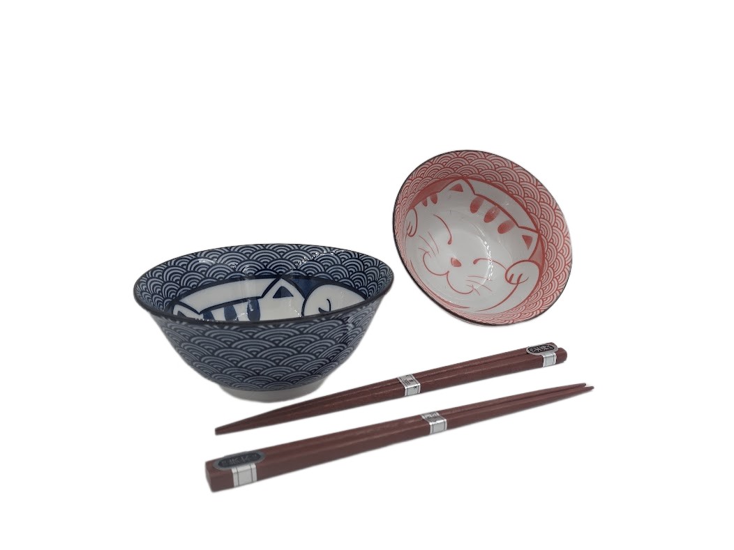 Set de 2 bols japonais en porcelaine décorés de motifs Neko, avec deux paires de baguettes