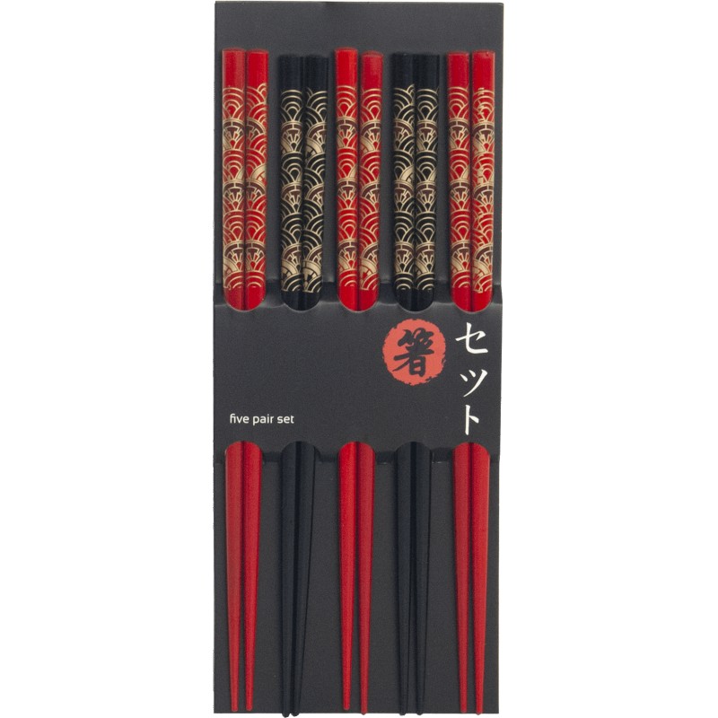 Set de cinq paires de baguettes japonaises en bois laqué rouges et noires