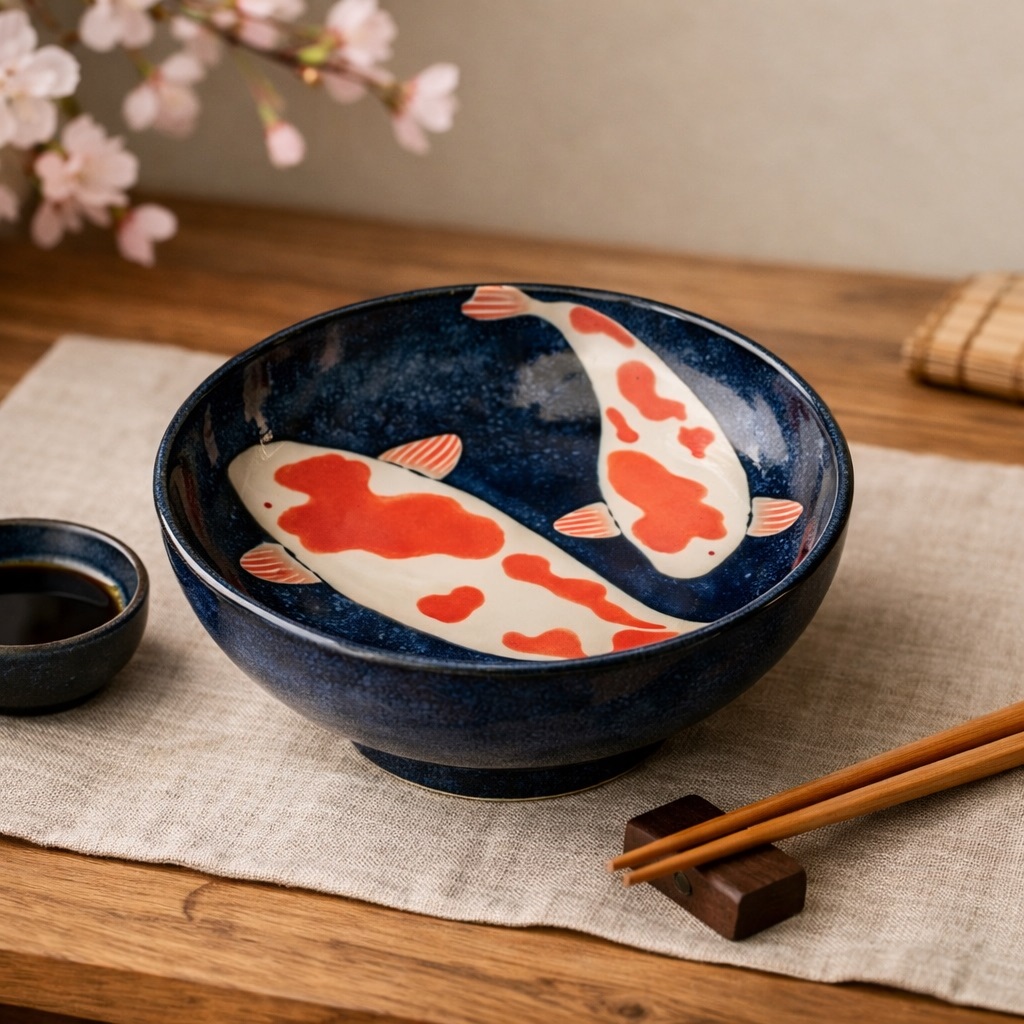 Grand bol japonais décoré de carpes koi, posé sur une table japonaise en bois