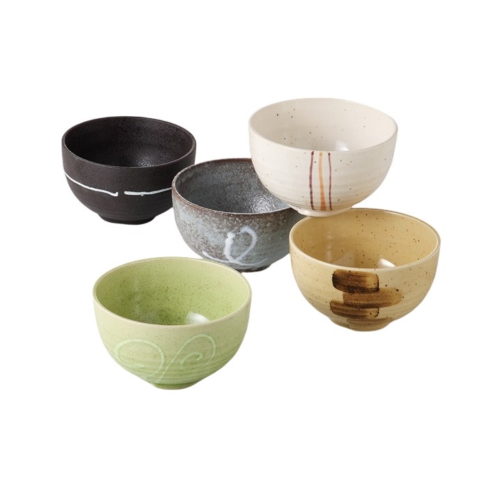 Set de 5 bols japonais colorés en porcelaine japonaise, motifs variés