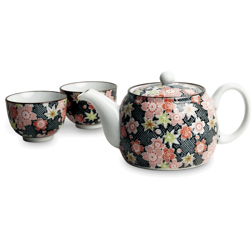 Service à thé japonais en céramique décoré de motifs floraux, comprenant théière et tasses