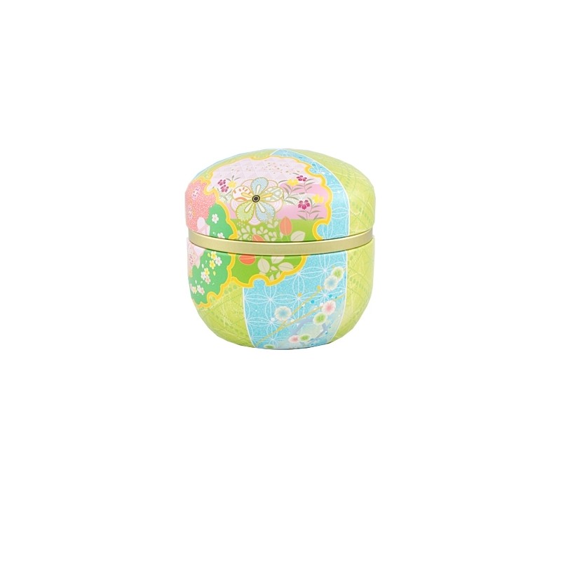 Petite boîte à thé japonaise OTEDAMA en métal vert verni, décorée d’un motif traditionnel, hermétique pour conserver le thé