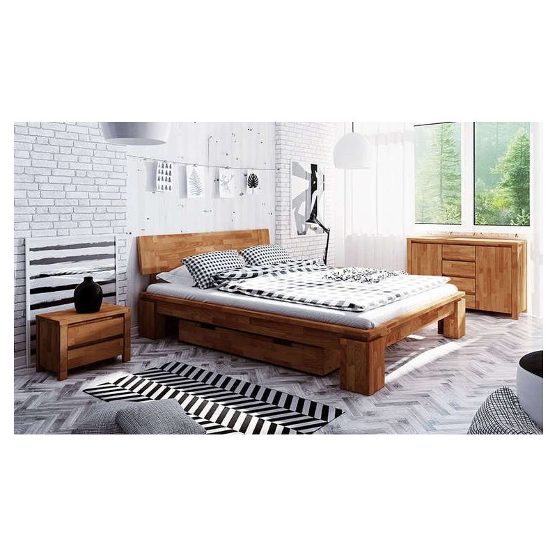 Lit japonais Tsuri haut en bois naturel avec tiroir de rangement intégré, design épuré et zen