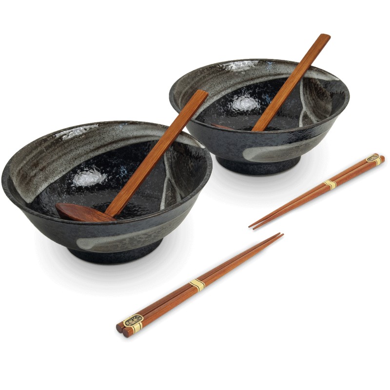Set de deux bols Ramen en céramique japonaise décorés de motifs traits de pinceau