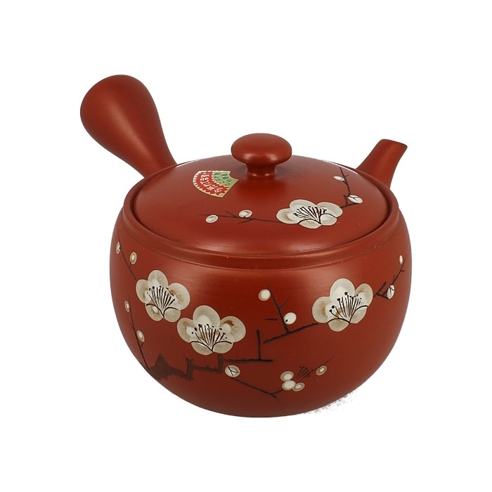 Théière Tokoname en céramique rouge décorée de fleurs blanches, capacité 0,6 litre