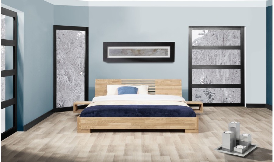 Lit japonais Shizen bas en bois massif blanchi, design épuré et zen