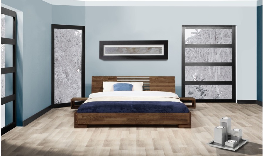 Lit japonais Shizen bas en chêne massif brun, design épuré et zen