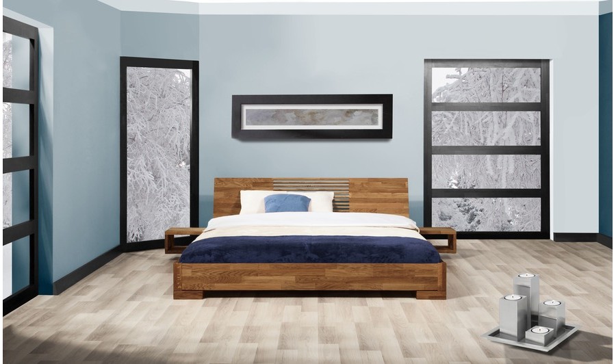 Lit japonais Shizen bas en chêne massif coloris café, design épuré et zen