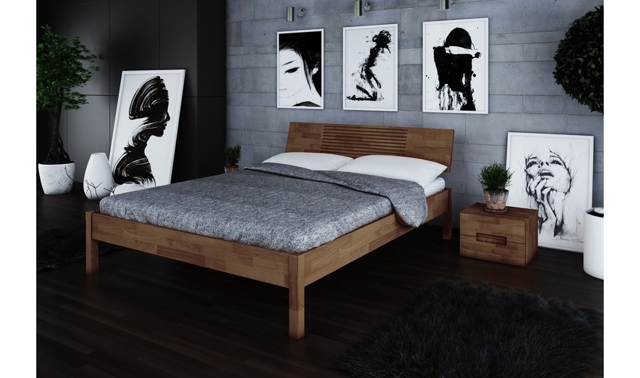 Lit japonais Shizen haut en chêne massif brun, design épuré et naturel