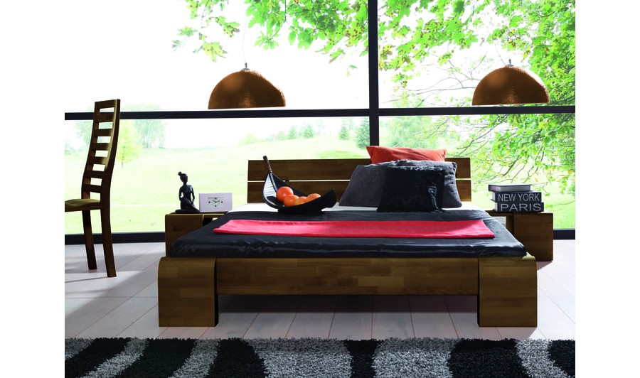 Lit japonais Kobe haut en chêne massif brun, design épuré et zen