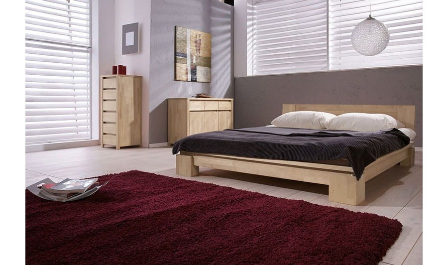 Lit japonais Tsuri bas en bois massif blanchi, design épuré et zen