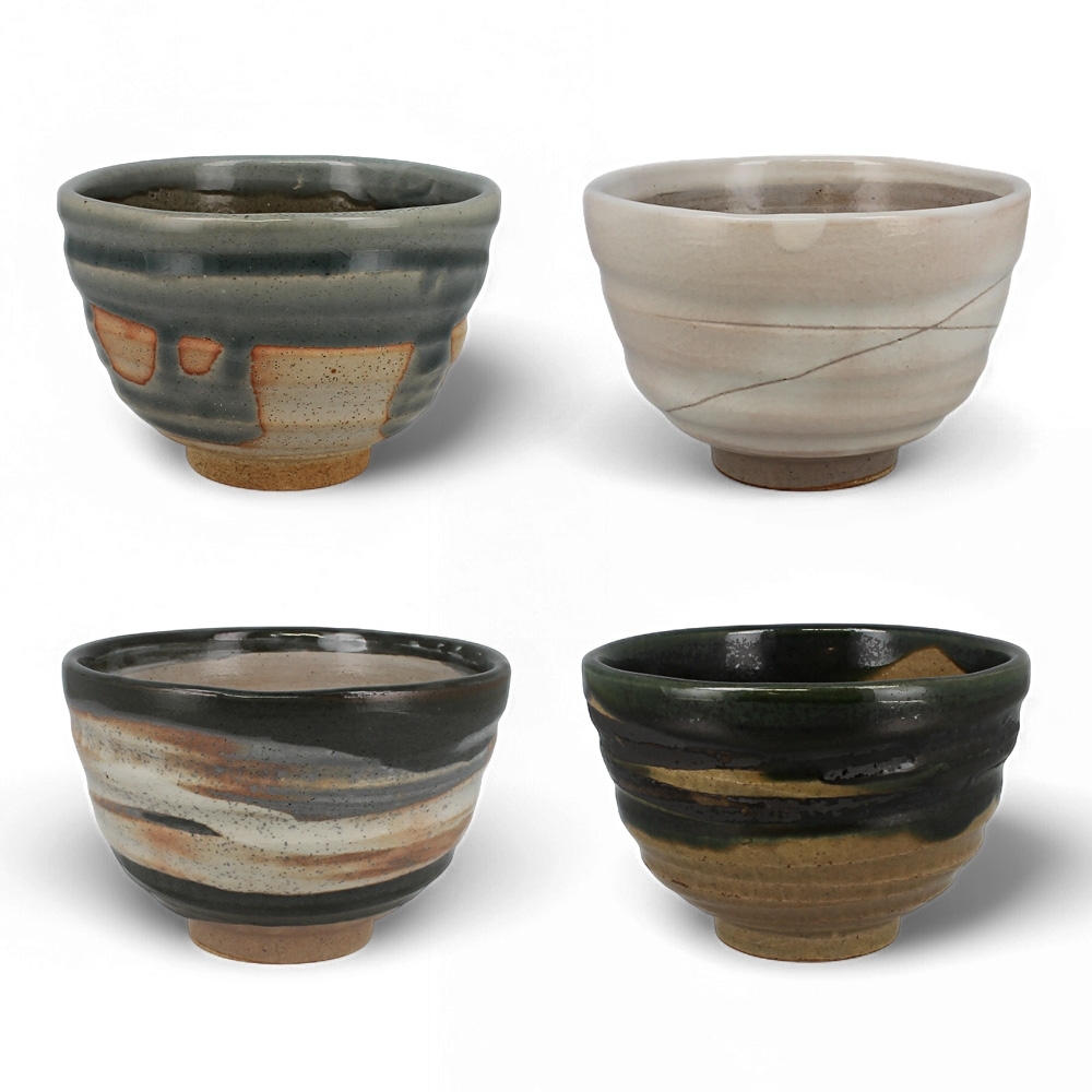 Set de quatre bols japonais en céramique Mino aux motifs variés brun, blanc et noir